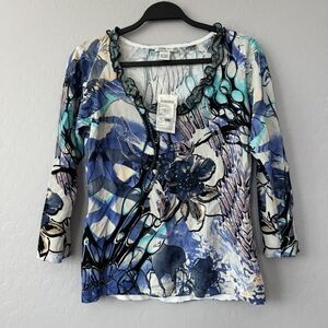 NWT Alberto Makali Large Blue Floral Embroidered Ruffle 3/4 Sleeve Top‎ 72537